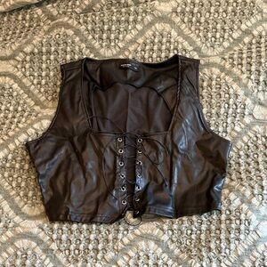 SHEIN Curve Black Lace-Up Faux Leather Crop Top